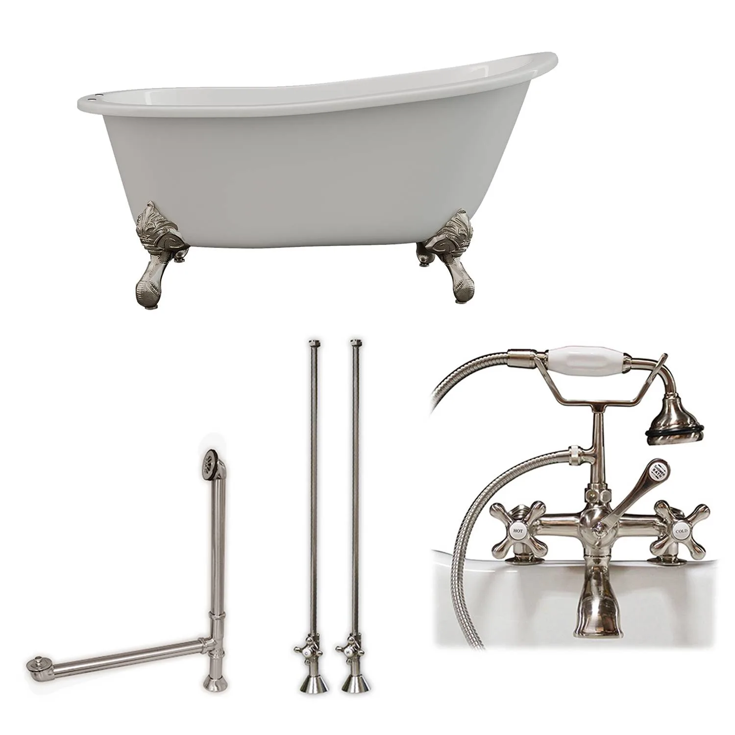 Cambridge Plumbing 61 Inch Freestanding Slipper Cast Iron Bathtub Package